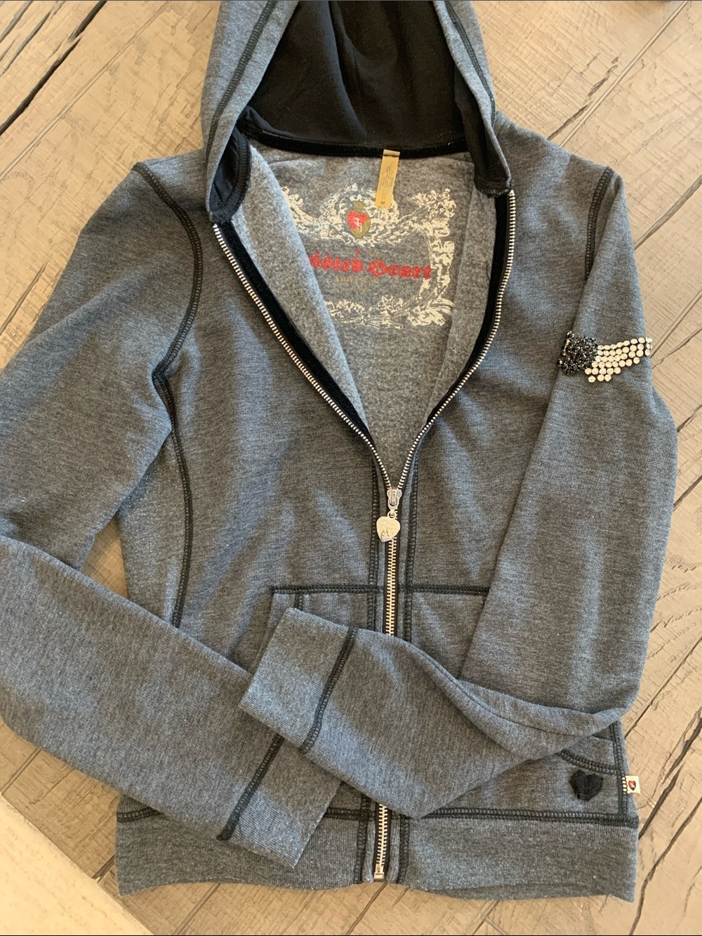 Like new—-TWISTED HEART Gray Zip Hoodie with Embellished Sleeve Detail